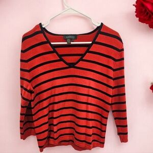Ralph Lauren Women's Red and Navy Striped Long Sleeve Top Size--Large